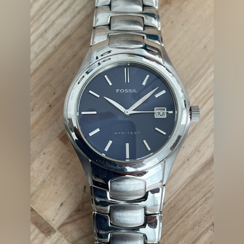Fossil Arkitekt Men’s Watch Blue Dial Date Window Stainless Steel Bracelet